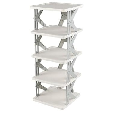Imagem de Eagrye Organizador vertical estreito de 5 camadas para economizar espaço, pequeno suporte dobrável de plástico cinza para entrada, armário, quarto