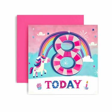 Imagem de Huxters Cartão de aniversário de 8º aniversário para menina - Cartão de aniversário de 8º unicórnio para ela You are 8 Today - Cartão de aniversário mágico para filha neta 14,8 cm (8º)