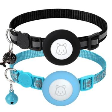 Imagem de Pacote com 2 coleiras AirTag, coleira reflexiva para gatos com fivela de segurança e sino, coleira ajustável com suporte para Airtag da Apple para animais de estimação pequenos (preto e azul)