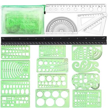 Imagem de 18 peças de modelos de desenhos geométricos, estêncil de desenho, conjunto de réguas, modelo de círculo para desenho, ferramentas de desenho com bolsa de armazenamento para arquitetura, estudo, escritório, design