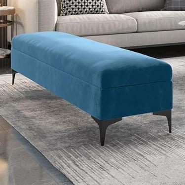 Imagem de Banco de armazenamento, banco de armazenamento estofado de veludo, banco de quarto de armazenamento premium com armazenamento, sem necessidade de montar, azul claro, 90 x 40 x 43 cm (35 x 16 x 17