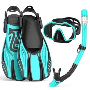 Imagem de Keephigher equipamento de mergulho com snorkel para adultos, conjunto de barbatanas de máscara, máscara de mergulho com vista panorâmica antiembaçante, snorkel com topo seco, nadadeiras de m