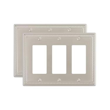 Imagem de TREEWELL Pacote com 2 placas decorativas triplas, placas de interruptores e tampas de tomada decorativas de pérolas de níquel escovado, placas de parede de metal para tomadas elétricas.