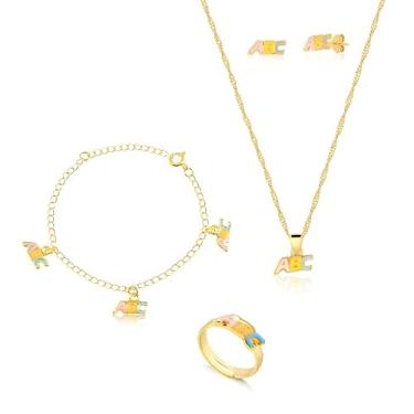 Imagem de Kit Conjunto Infantil Dourado ABC em Resina com Colar, Pingente, Brinco, Pulseira e Anel Regulável