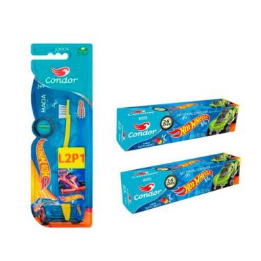 Imagem de kit Escova de Dente Infantil hotwheels mais 2 gel dental condor kids