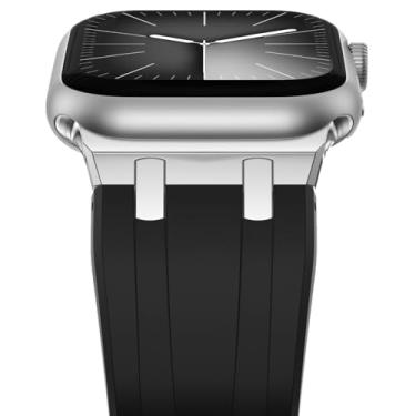 Imagem de NewWays Pulseira masculina de borracha de silicone líquido AP Wide Sport com adaptador de aço inoxidável para Apple Watch séries 8, 7, 6, 5 SE, ultra luxuosa de 49 mm, 45 mm, 44 mm e 42 mm