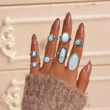Imagem de Conjunto de anéis de junta boêmia, vintage, oval, pedra preciosa, pedra da lua, opala de pedra da lua, anéis de pedras preciosas, coroa, articulação, empilháveis, conjunto de anéis de humor para