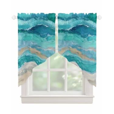 Imagem de Cortinas abstratas de praia semitransparentes turquesa gradiente para janelas, pintura a óleo, ondas oceânicas, voile, para cozinha, sala de estar, quarto, 2 painéis, 91 x 91 cm