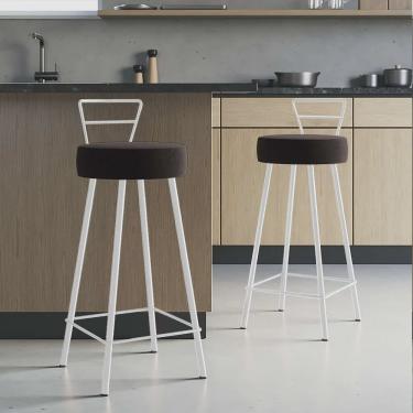 Imagem de Kit 02 Banqueta Alta Com Encosto Tina Eiffel Cozinha Bar Bistrô Ferro Branco Corino Marrom - Ahazzo Móveis