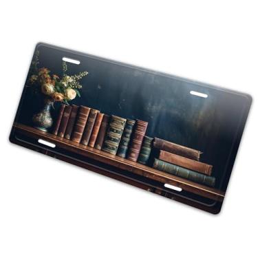 Imagem de Bookshelf Bookworm Capa de matrícula multicolorida antiga - Etiqueta artística de alumínio para carro, à prova de ferrugem, design exclusivo - 15 x 30 cm