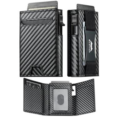 Imagem de Carteira masculina slim minimalista: carteira pop-up inteligente com alça para dinheiro - bolso frontal RFID com três dobras, porta-cartão de crédito - presente para homem marido no aniversário