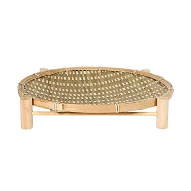 Imagem de Cesta de frutas de bambu tecida à mão, caixa de pão de comida, decoração de armazenamento de cozinha, formato redondo com suporte