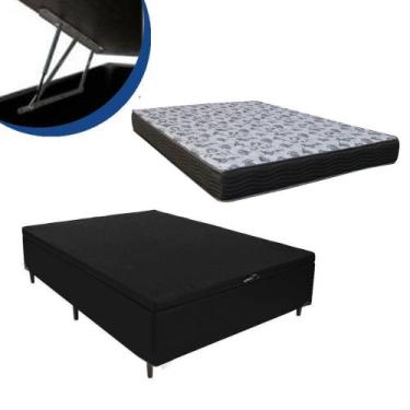 Imagem de Cama Box Baú Casal Colchão Espuma D33 Bordado + Box Suede Preta Sp Móv