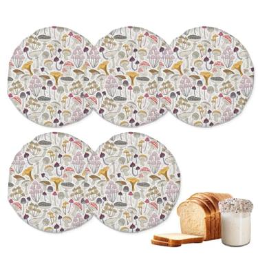 Imagem de Tampas de pote para iniciantes Sourdough, pacote com 5 tampas de pano retrô de cogumelos reutilizáveis para potes de 7 a 10 cm, ideais para kefir de kombucha ou fermentação de queijo