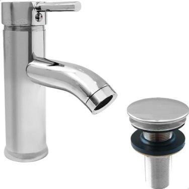 Imagem de Torneira Pia Banheiro Bica Baixa Cromada E Valvula Click  Inox Kit Ban