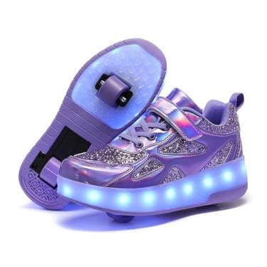 Imagem de Wooowyet Tênis de patins de LED para crianças, meninos, meninas, leve, moderno, com rodas, recarregável, USB, gancho e laço, Roxo 996, 1.5 Little Kid