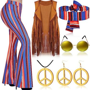 Imagem de Haull Conjunto de 7 peças de roupas femininas hippie discoteca dos anos 60, 70, conjunto de fantasia de Halloween, calça rodada, colete com franja, sinal de paz, Multicor, Large