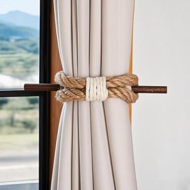 Imagem de JELUTRIC Cortina Tiebacks Farmhouse Holdbacks, Náutico Boho Rústico Cortina Holders, Algodão Juta Corda Com Madeira Clube, Madeira Vintage Natural Tecido Cortina Ties Para Cortinas De Janela 2Pcs