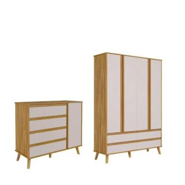 Imagem de Quarto Bebe Moveis Peroba Theo Comoda Guarda Roupa MDF, Amêndoa Off Wh