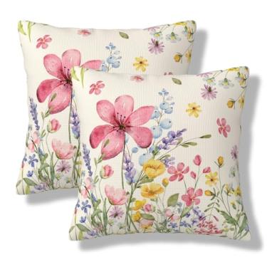 Imagem de LIBIFALL Conjunto de 2 capas de almofada floral de primavera, 50 x 50 cm, conjunto de 2 fronhas de almofada de flores em aquarela rosa, amarelo, verde, colorido, decoração de Páscoa, quadrada, fronhas