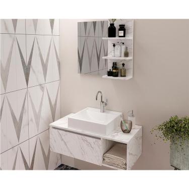 Imagem de Conjunto de Banheiro Balcão Suspenso BN3601 s/ Cuba 80cm e Armário c/ Espelho BN3608 Mármore Branco - Tecno Mobili