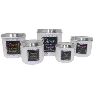 Imagem de Conjunto De Mantimentos Branco Decorado Em Alumínio Para Cozinha 5 Peças