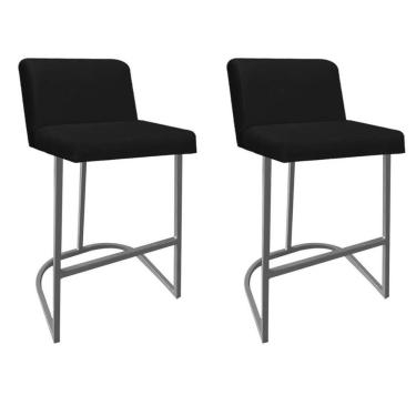 Imagem de Kit 02 Banquetas Com Encosto Noah Luxo Confort Bistrô Cozinha Ferro Cinza Suede Preto - Amey Decor