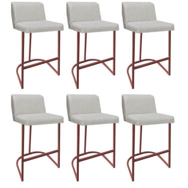 Imagem de Kit 06 Banquetas Com Encosto Noah Luxo Confort Bistrô Cozinha Ferro Bronze Linho Cru - Amey Decor