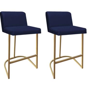 Imagem de Kit 02 Banquetas Com Encosto Confort Bistrô Cozinha Ferro Dourado Corino Azul Marinho Amey Decor