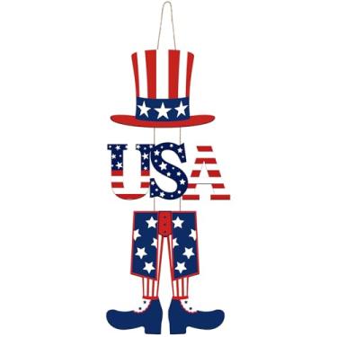 Imagem de Yerliker Decoração de placa Independence USA chapéu com pernas vermelhas e azuis para pendurar na parede de madeira versão rústica cabide de porta da frente enfeite de arte de outono para sala de casa