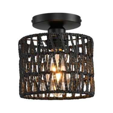 Imagem de KENMI Luminária De Teto, Embutida Vime Trançado À Mão, Luminárias Fazenda Estilo Boho Para Corredor, Quarto, Cozinha, Entrada, Sala Estar