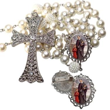 Imagem de Terço de Noiva de Luxo Cravejado com Broche de Lapela São Vicente de P