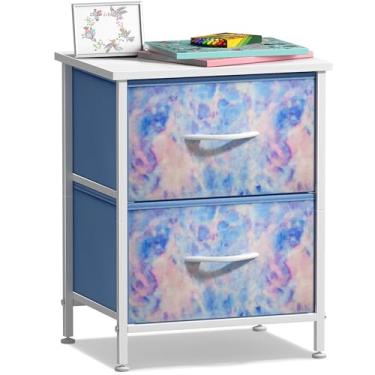 Imagem de Sorbus Mesa de cabeceira com 2 gavetas – mesa de cabeceira infantil – estrutura de aço, tampo de madeira e caixas de tecido fáceis de puxar – cômoda e baú para casa, acessórios de quarto, escritório e