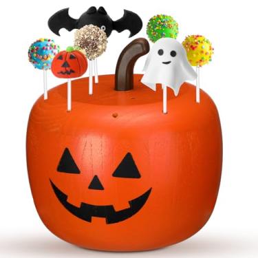 Imagem de DoubleFill Suporte pop de bolo de abóbora de Halloween, 21 furos, suporte de madeira para exibição de pirulito, suporte de madeira para bolo de abóbora para sobremesa, aniversário, festas de