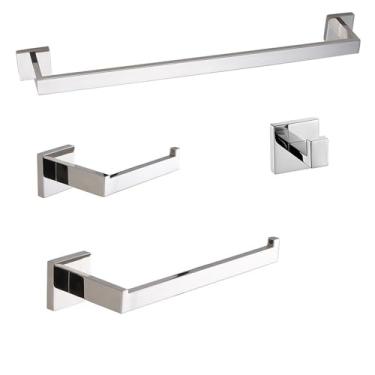 Imagem de Conjunto de banheiro em aço inoxidável dourado - Ganchos para toalhas, porta-papel e ferragens para cozinha | 3 acessórios pretos, cromo polido