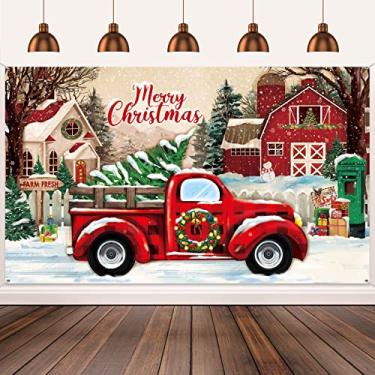 Imagem de Faixa de fundo de caminhão vermelho de Natal, decorações de fundo vintage para fotografia, árvore de Natal vermelho preto búfalo xadrez cabines de fotos para decoração de casa, 183 x 100 cm