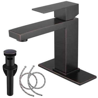 Imagem de AmirLans Torneira de banheiro bronze polido a óleo 1 furo, torneira de pia de banheiro de furo único de aço inoxidável com ralo pop-up, torneira de pia de banheiro de bronze AML-1141-ORB