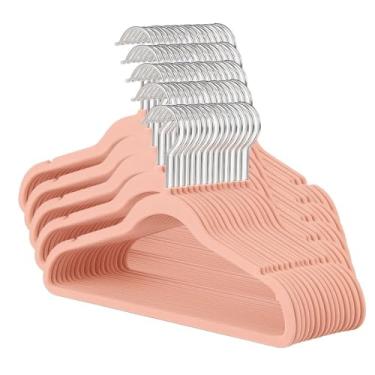 Imagem de Kit 50 Cabide Infantil de Veludo Antideslizante Slim Ultrafino para Roupa Calça Camiseta de Bebe (Rosa)