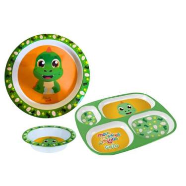 Imagem de Combo Prato Divisória Raso Fundo Kit Alimentação Bebê - Arts, Dino