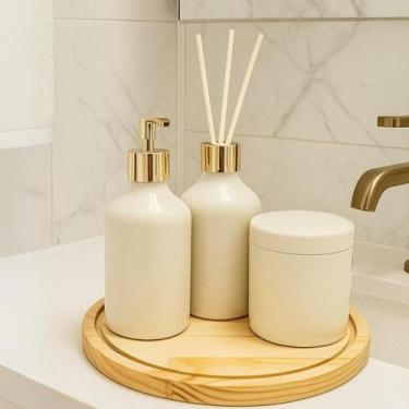 Imagem de Kit de Banheiro Lavabo Porcelana Luxo Difusor Dispenser Sabonete Liqui