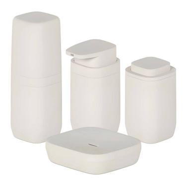 Imagem de Kit Banheiro 4pç Saboneteira + Porta Escova + Dispenser + Suporte Cotonete Algodão Bege - Aura Ou 