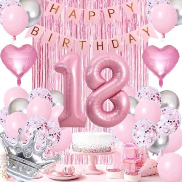 Imagem de LUDEOU Decorações De Aniversário 18 Anos, Balões Rosa, Prateados Número 18, Cortina Franjas, Coroa Para Festa Menina