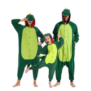 Imagem de POOKPARA Macacão de animal de lã polar - fantasia de Natal de Halloween com capuz e cauda, pijama de uma peça, macacão confortável para dormir, Dinossauro verde, G