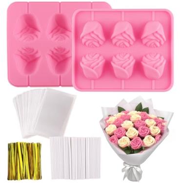 Imagem de Lukinuo Molde de pirulito de flor de rosa, pacote com 2, molde pop 3D para bolo de rosa, molde de silicone, chocolate, doces, cubos de gelo com 300 unidades de sacos e bastão, ótimo para o dia das