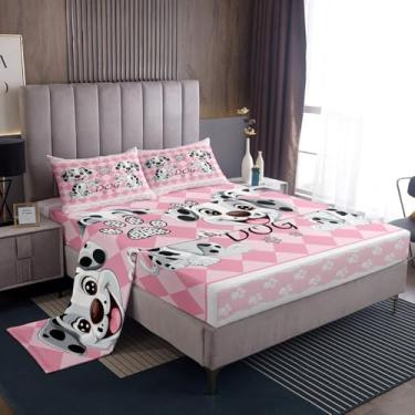 Imagem de Jogo de lençol infantil solteiro fofo dálmata, 3 peças, microfibra macia, desenho de patas, com bolso profundo, rosa, branco, grade quadrada, resistente ao desbotamento, respirável, para meninos e