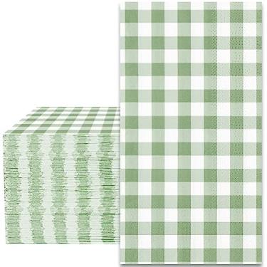 Imagem de Whaline Guardanapos de hóspedes guingão verde sálvia pacote de papel descartável xadrez búfalo 3 camadas toalha de guardanapo de mão para casamento aniversário noiva chuveiro suprimentos de festa
