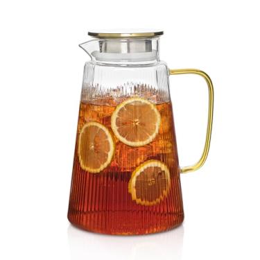 Imagem de Jarra de vidro com nervuras de 2,041 g com alça amarela – Garrafa resistente ao calor com tampa para bebidas quentes e frias, chá gelado, suco, café – jarra de água de borossilicato para cozinha ou