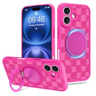 Imagem de Fiyart Capa projetada para iPhone 16, suporte de anel quadriculado, suporte magnético compatível com proteção de lente de câmera MagSafe para mulheres e homens, tabuleiro de xadrez de 6,1 polegadas