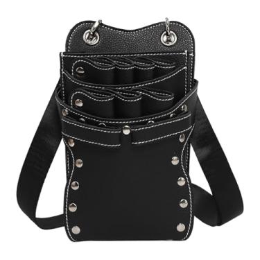 Imagem de OIIBWQ Bolsa para tesouras de salão de beleza, bolsa para tesouras de cabeleireiro, suporte profissional para tesouras, de couro PU para ferramentas de, Preto