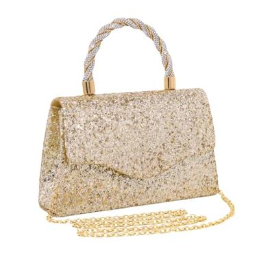 Imagem de JIAN YA NA Moda feminina dama de honra dama de honra menina noiva bolsa clutch noite para formatura, coquetel, casamento, noivado, Lantejoulas quadradas douradas, 8"x2.4"x5.1"